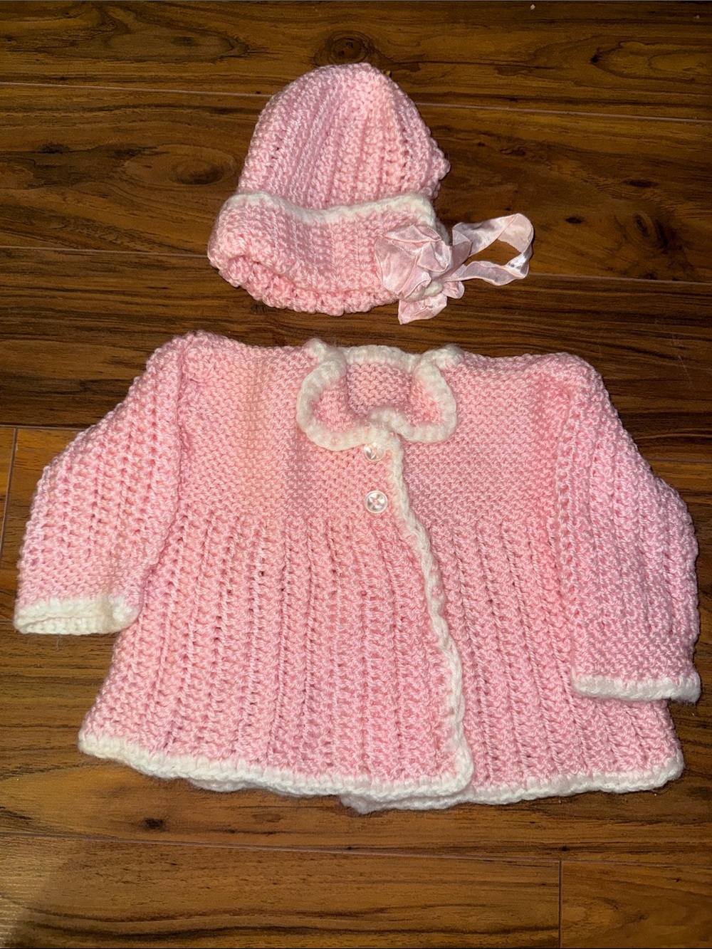 6m Vintage Handmade knit Pink Baby Cardigan & bonnet Set with White Trim